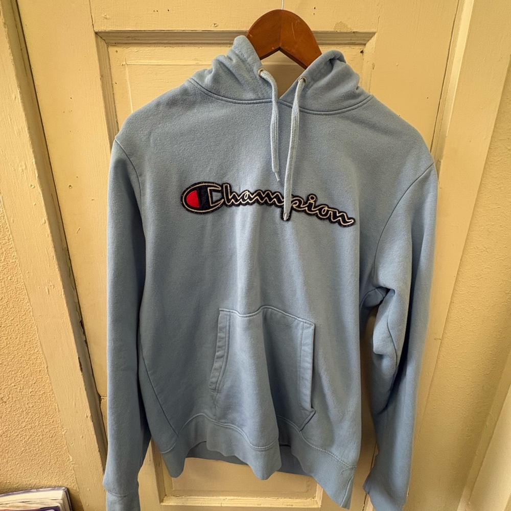 Champion Light Blue Pullover Hoodie with Embroidered Logo
